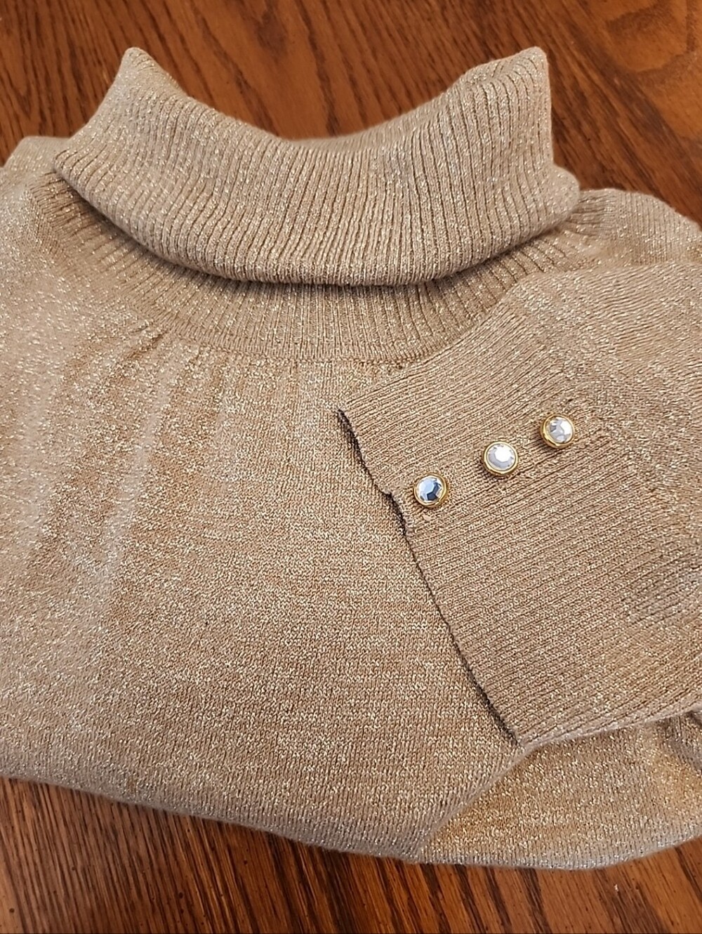 Metallic Gold Shimmer Cowl Neck Short Sleeve Pullover Rhinestone Button Cuffs